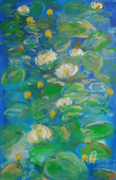 Painting titled "Nymphéas blancs acr…" by Marina Desportes, Original Artwork, Acrylic Mounted on Wood Stretcher frame