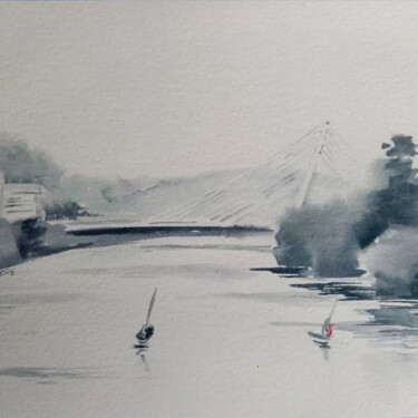 Schilderij getiteld "The bridge on the R…" door Marina Diachkova, Origineel Kunstwerk, Aquarel