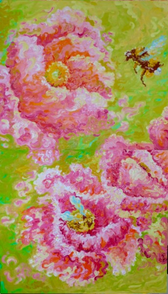 Painting titled "Roses and bee, Orig…" by Marina Fedorova, Original Artwork, Oil