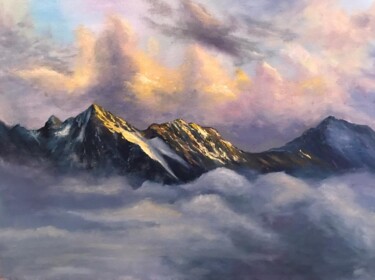 Painting titled "Mountains and clouds" by Marina Gavrilova, Original Artwork, Oil