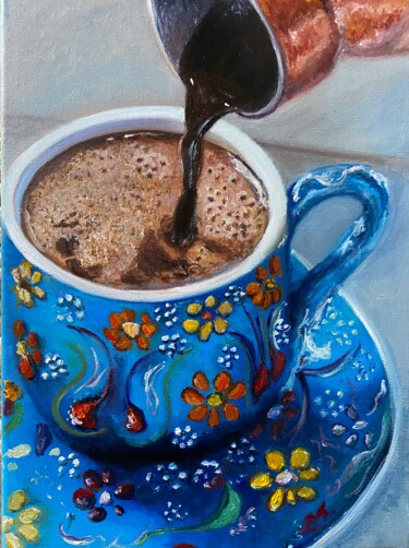 Painting titled "Coffee… mmmm…." by Marina Gavrilova, Original Artwork, Oil