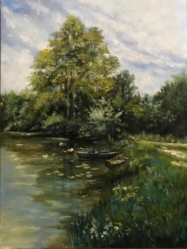 Painting titled "Lake, summer" by Marina Gavrilova, Original Artwork, Oil