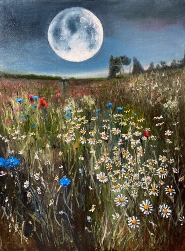 Painting titled "Moon and daisies" by Marina Gavrilova, Original Artwork, Oil