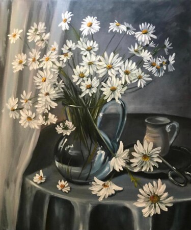 Painting titled "White Daisies Grey…" by Marina Gavrilova, Original Artwork, Oil