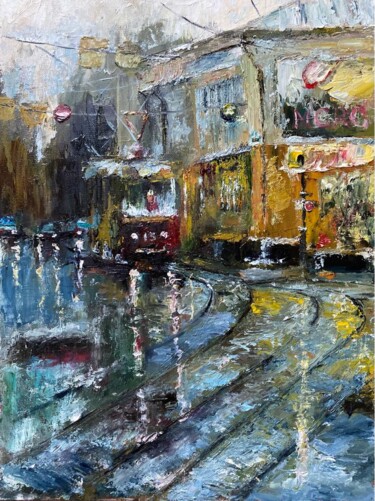 Schilderij getiteld "Rainy city" door Marina Gavrilova, Origineel Kunstwerk, Olie