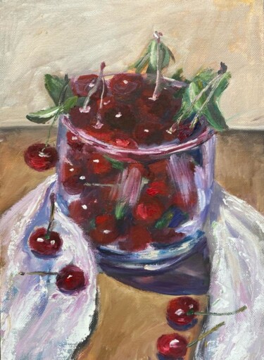 Painting titled "Cherries in a Glass…" by Marina Gavrilova, Original Artwork, Oil