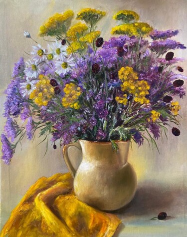 Painting titled "Daisies, Cornflower…" by Marina Gavrilova, Original Artwork, Oil