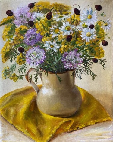 Pittura intitolato "Art flowers, Golden…" da Marina Gavrilova, Opera d'arte originale, Olio