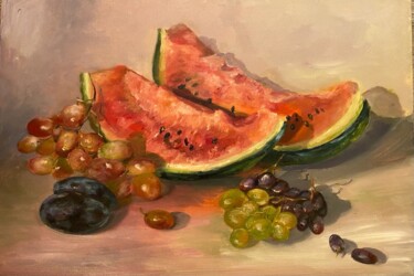Painting titled "Red watermelon, Jui…" by Marina Gavrilova, Original Artwork, Oil