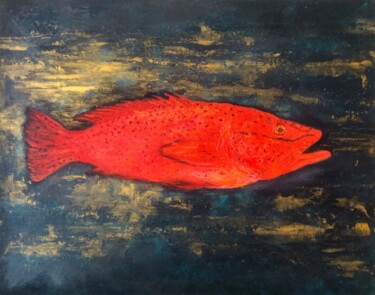 Painting titled "Red Fish Abstraction" by Marina Gorbachova, Original Artwork, Oil