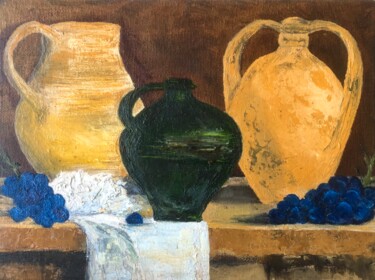 Painting titled "Jugs and Grapes" by Marina Gorbachova, Original Artwork, Oil