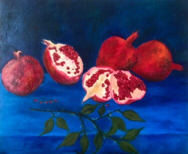 Картина под названием "Pomegranates in blue" - Marina Gorbachova, Подлинное произведение искусства, Масло