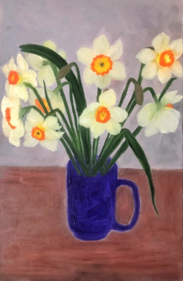 Painting titled "Daffodils" by Marina Gorbachova, Original Artwork, Oil Mounted on Wood Stretcher frame