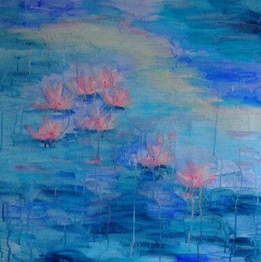 Painting titled "Ouiet Pond - Inspir…" by Marina Krylova, Original Artwork, Acrylic Mounted on Wood Stretcher frame