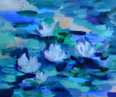 Malarstwo zatytułowany „Ouiet Pond - Inspir…” autorstwa Marina Krylova, Oryginalna praca, Akryl Zamontowany na Drewniana ram…