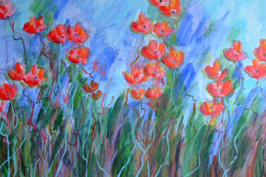 Картина под названием "Poppies in the Gard…" - Marina Krylova, Подлинное произведение искусства, Акрил Установлен на Деревян…