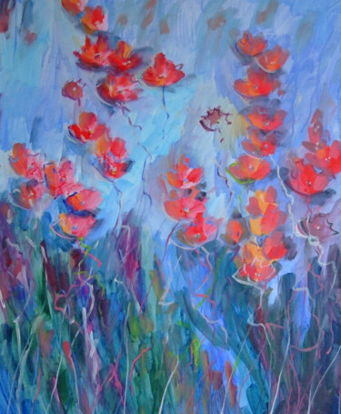 Картина под названием "Poppies in the Gard…" - Marina Krylova, Подлинное произведение искусства, Акрил Установлен на Деревян…