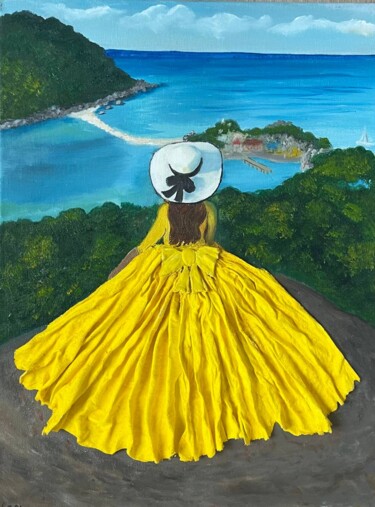 Painting titled "A girl in yellow dr…" by Marina Zhivliuk, Original Artwork, Oil
