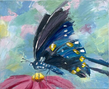 Schilderij getiteld "Blue butterfly on a…" door Marina Zhivliuk, Origineel Kunstwerk, Olie