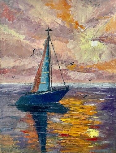 Painting titled "Calmness sailboat o…" by Marina Zhivliuk, Original Artwork, Oil