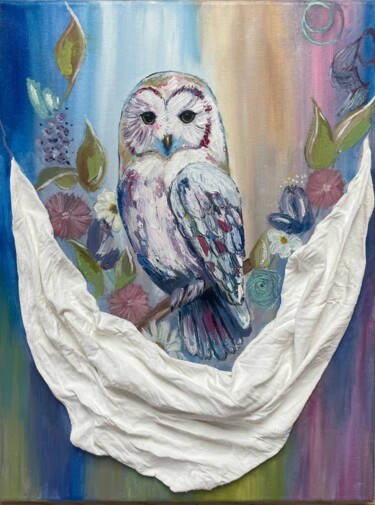 Painting titled "Charming owl defend…" by Marina Zhivliuk, Original Artwork, Oil