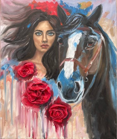 Peinture intitulée "A girl with a horse…" par Marina Zhivliuk, Œuvre d'art originale, Huile