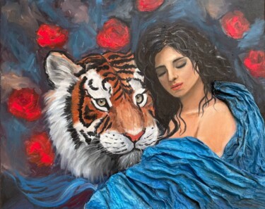 Painting titled "Calmness tiger and…" by Marina Zhivliuk, Original Artwork, Oil