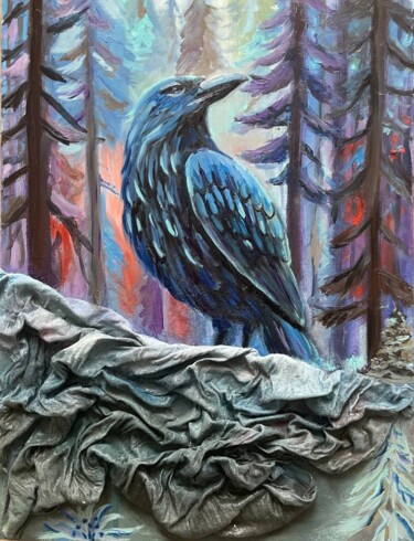 Ζωγραφική με τίτλο "Mystical raven with…" από Marina Zhivliuk, Αυθεντικά έργα τέχνης, Λάδι