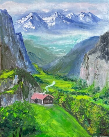 Painting titled "Сozy mountain house…" by Marina Zhivliuk, Original Artwork, Oil