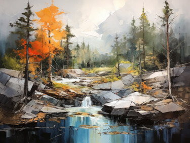Digitale Kunst mit dem Titel "Mountain river in t…" von Marina Zhivliuk, Original-Kunstwerk, Digitale Malerei
