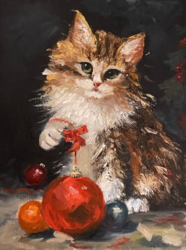 Ζωγραφική με τίτλο "Cat with New Year's…" από Marina Zhivliuk, Αυθεντικά έργα τέχνης, Λάδι