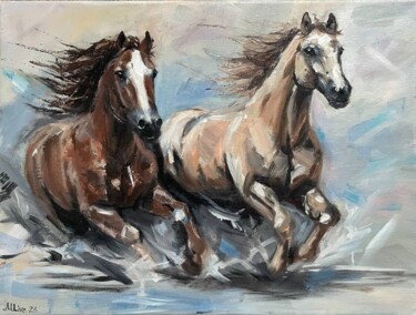 Картина под названием "A pair of horses ga…" - Marina Zhivliuk, Подлинное произведение искусства, Масло