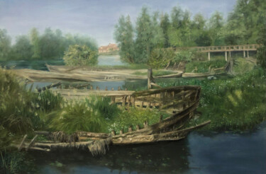 Malerei mit dem Titel "Ship graveyard" von Marina Lutaenko, Original-Kunstwerk, Öl