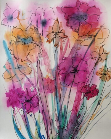 Painting titled "bouquet rose et ora…" by Marina Mothes, Original Artwork, Watercolor