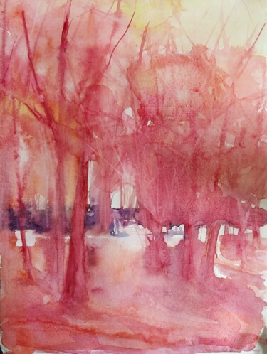 Peinture intitulée "Forêt rouge" par Marina Mothes, Œuvre d'art originale, Aquarelle