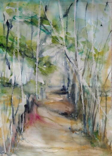 Painting titled "Sous bois Mornay" by Marina Mothes, Original Artwork, Watercolor