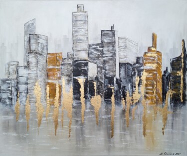 Schilderij getiteld "City № 7" door Marina Okulova, Origineel Kunstwerk, Acryl Gemonteerd op Frame voor houten brancard