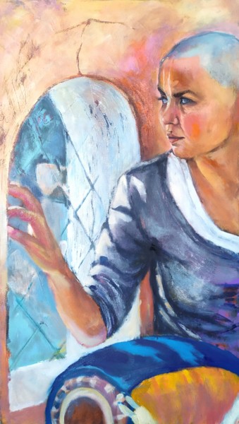 Painting titled "Self-portrait with…" by Marina Petrova, Original Artwork, Oil