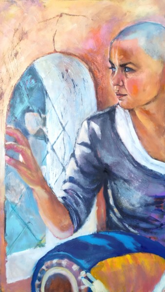 Self-portrait with mrdanga / Автопортрет с мридангой Pintura intitulada "Self-portrait with…" por Marina Petrova, Obras de arte originais, Óleo