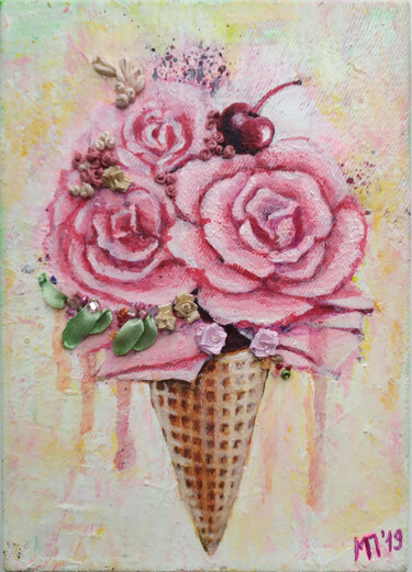 Картина под названием "Roses in a waffle c…" - Marina Petrova, Подлинное произведение искусства, Акрил