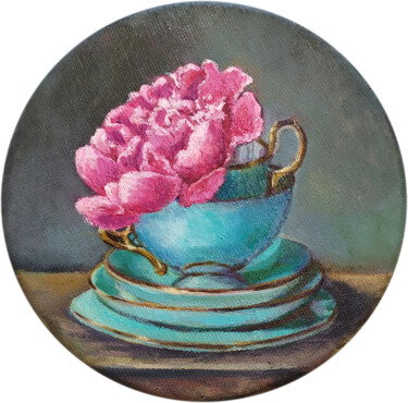 Painting titled "Peony in a turquois…" by Marina Petrova, Original Artwork, Oil