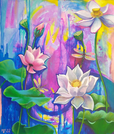 Malerei mit dem Titel "Lotuses and dragonf…" von Marina Petrova, Original-Kunstwerk, Öl
