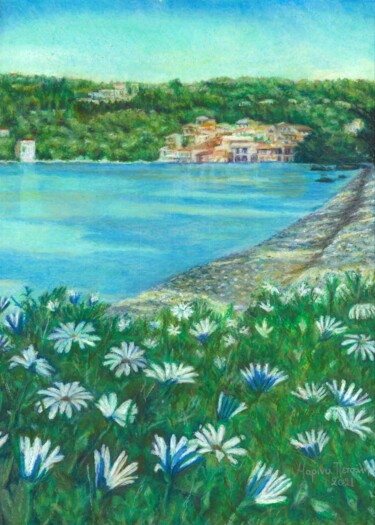 Peinture intitulée "Daisies on the beach" par Marina Petsali, Œuvre d'art originale, Pastel