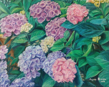 Malerei mit dem Titel "Garden of hydrangeas" von Marina Petsali, Original-Kunstwerk, Öl