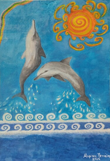 Painting titled "Dolphins on the wav…" by Marina Petsali, Original Artwork, Watercolor