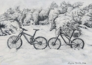 Painting titled "bicycles in the snow" by Marina Petsali, Original Artwork, Pastel