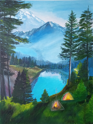Картина под названием "Lake in The Mountai…" - Marina Pingitzer, Подлинное произведение искусства, Масло