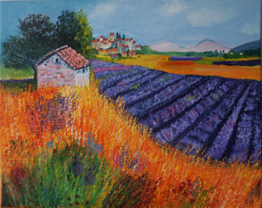 Painting titled "Lavender Fields Oil…" by Marina Pingitzer, Original Artwork, Oil