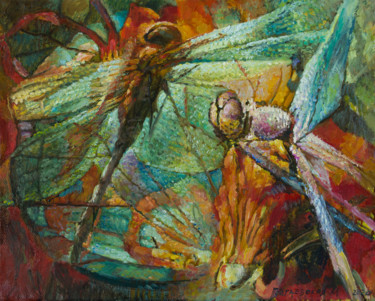 Картина под названием "Две стрекозы" - Marina Podgaevskaya, Подлинное произведение искусства, Масло Установлен на Деревянная…