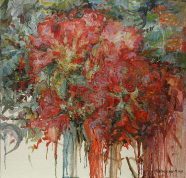 Painting titled "Red flowers" by Marina Podgaevskaya, Original Artwork, Oil Mounted on Wood Stretcher frame